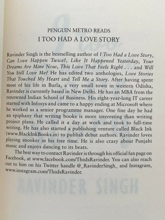 I Too Had A Love Story Ravinder Singh English Romance Novel Book popular edition