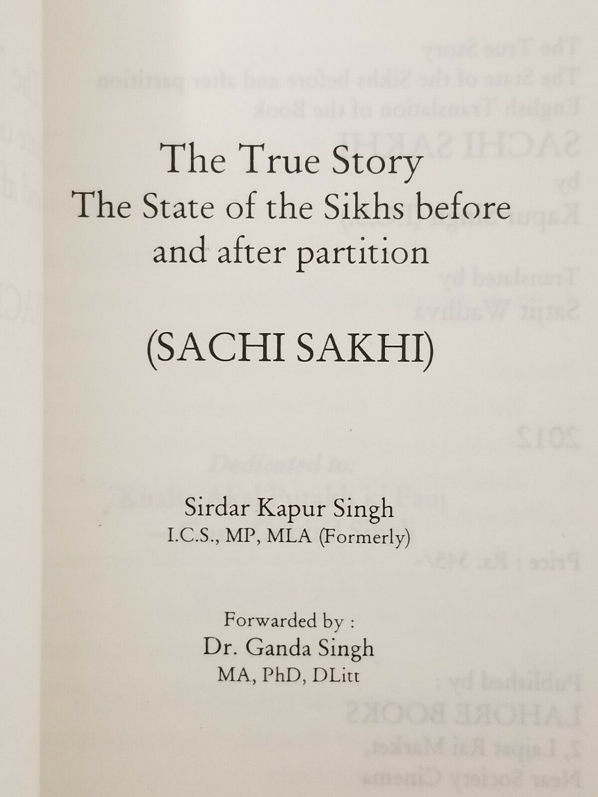 The True Story Sachi Sakhi Sirdar Kapur Singh English Reading Literature Book B3
