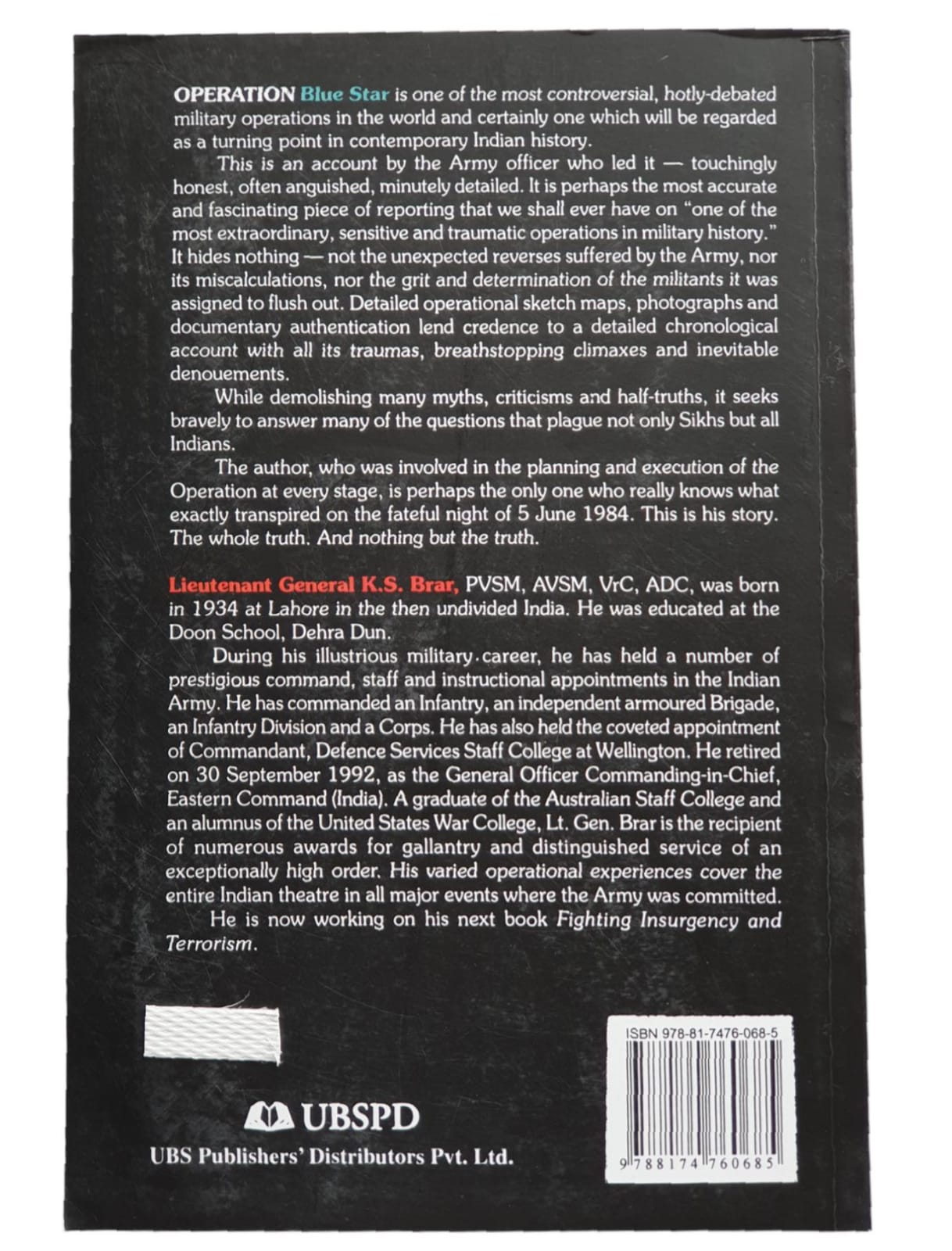 Operation Blue Star The True Story K S Brar Paperback Golden Temple Book B11